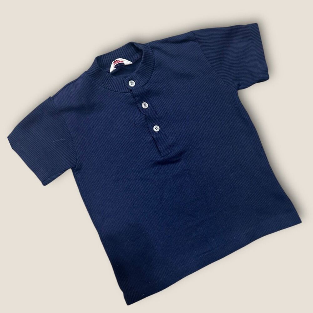 Vintage 1970s Kids Rib Knit Henley Shirt Navy Blue Short Sleeve Size 6–8